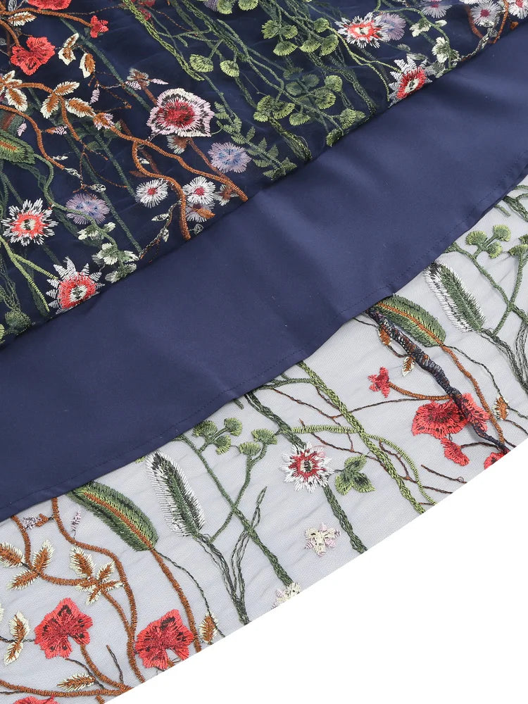 Enchanted Garden Embroidered Tulle Midi Skirt - Whimsical Floral Elegance