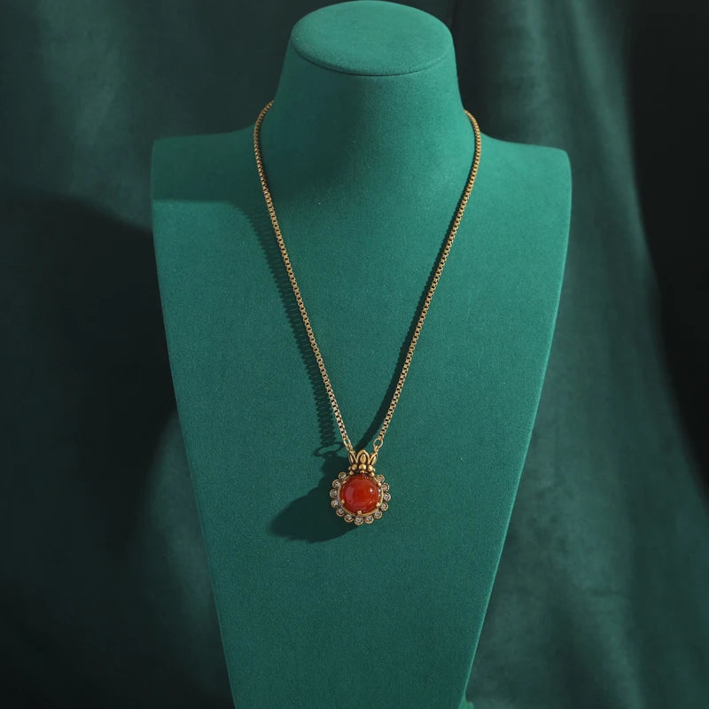 Vintage Red Agate & Rhinestone Gold Tone Pendant Necklace