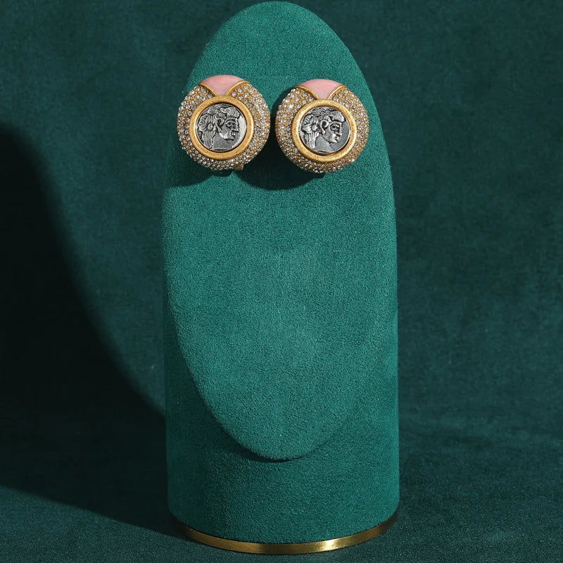 Victorian Pink Cameo Coin Earrings – Gold-Plated with Natural Stone Inlay