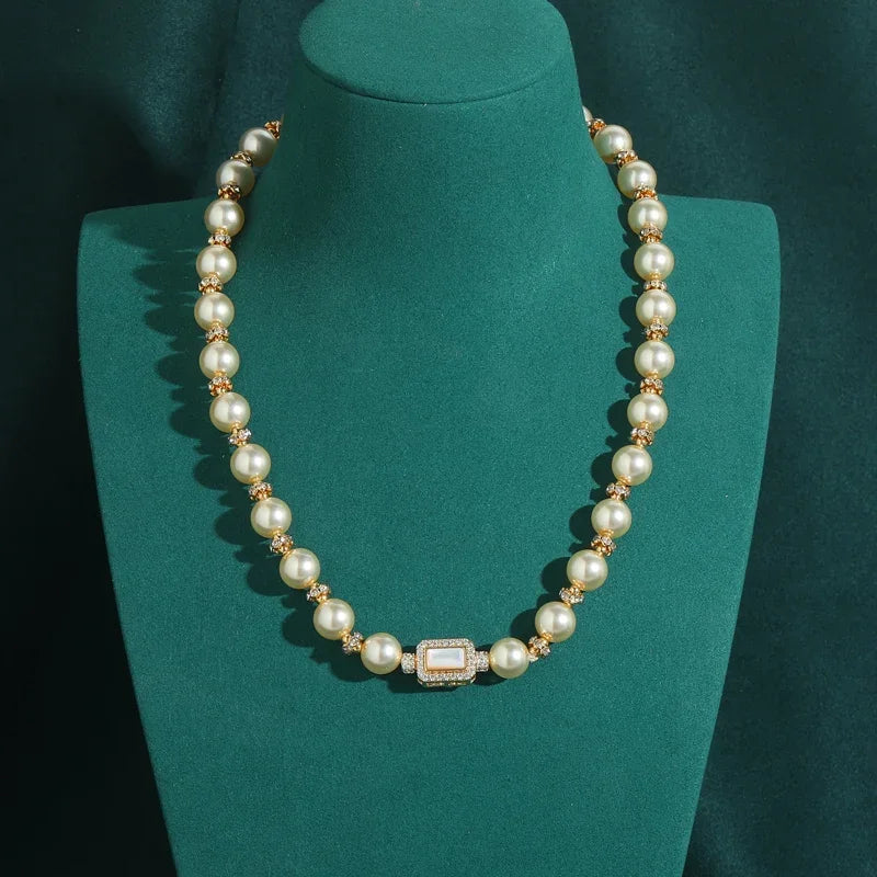 Vintage Gold Pearl & Rhinestone Choker Collar Necklace