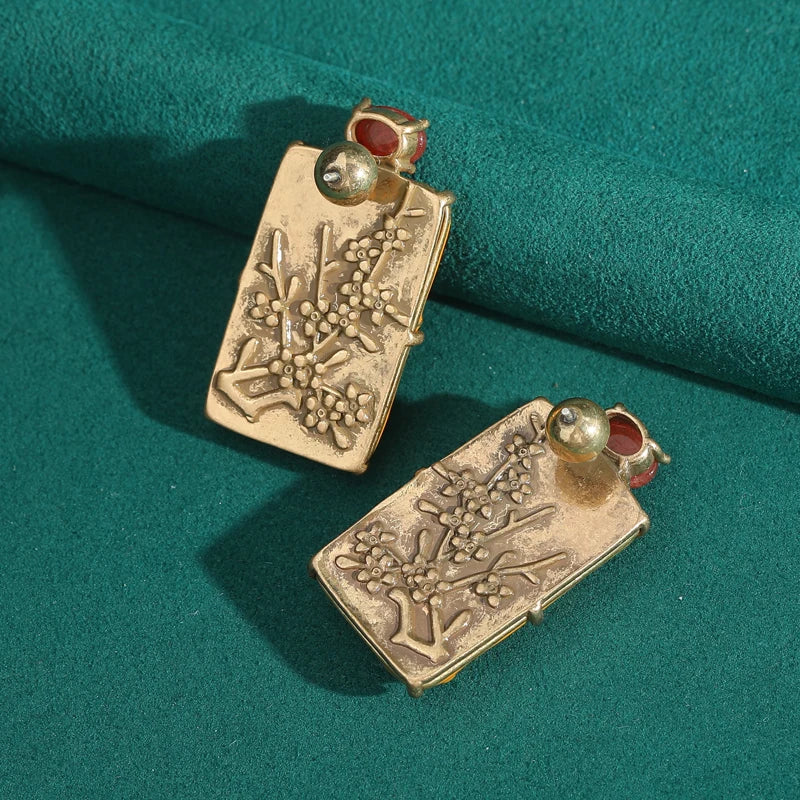 Art Deco Plum Blossom Earrings – Yellow Carved Rectangle with Agate Accent