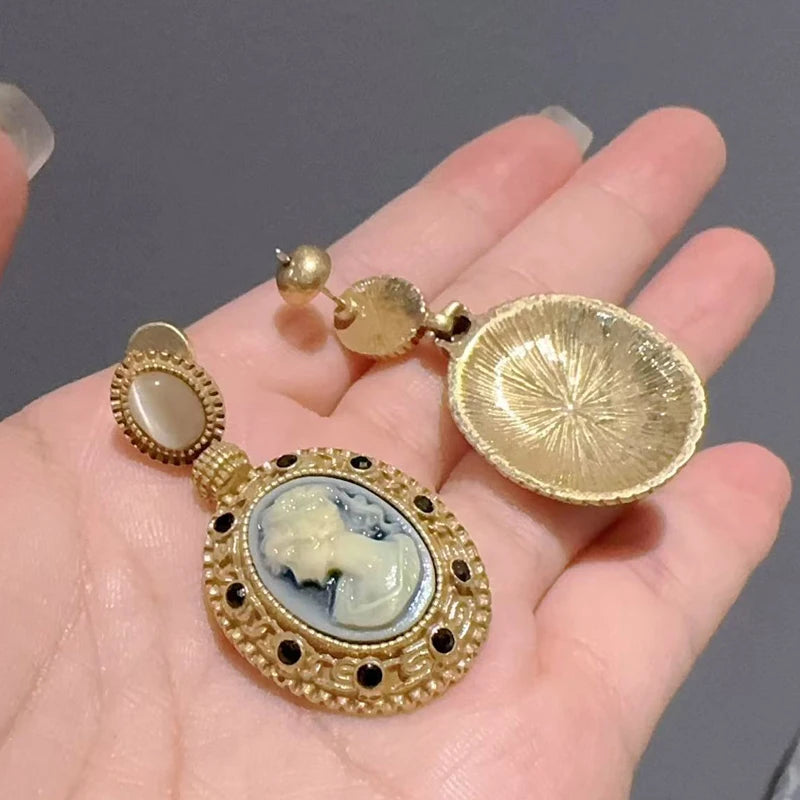 Vintage Oval Cameo Drop Earrings – Classical Elegance