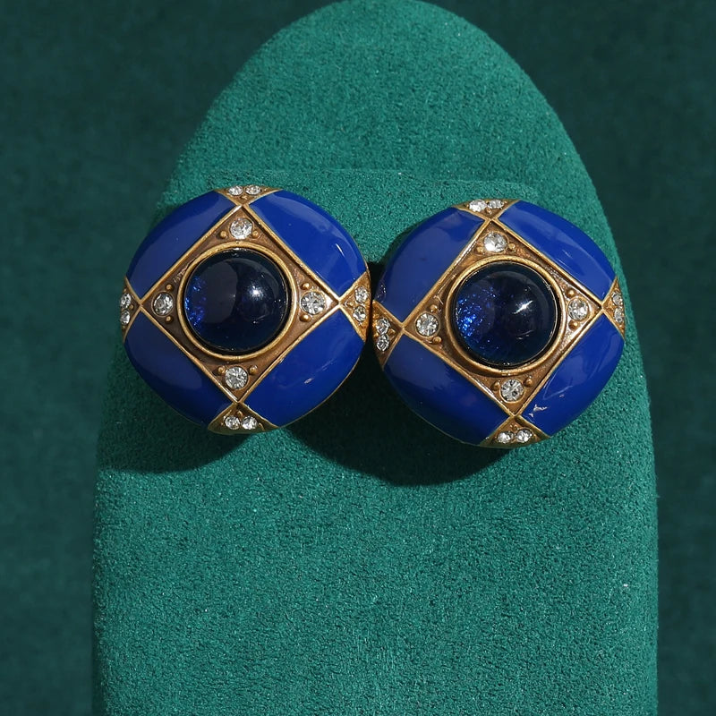 Art Deco Royal Blue Enamel Stud Earrings – Geometric Gold & Crystal Statement Pair
