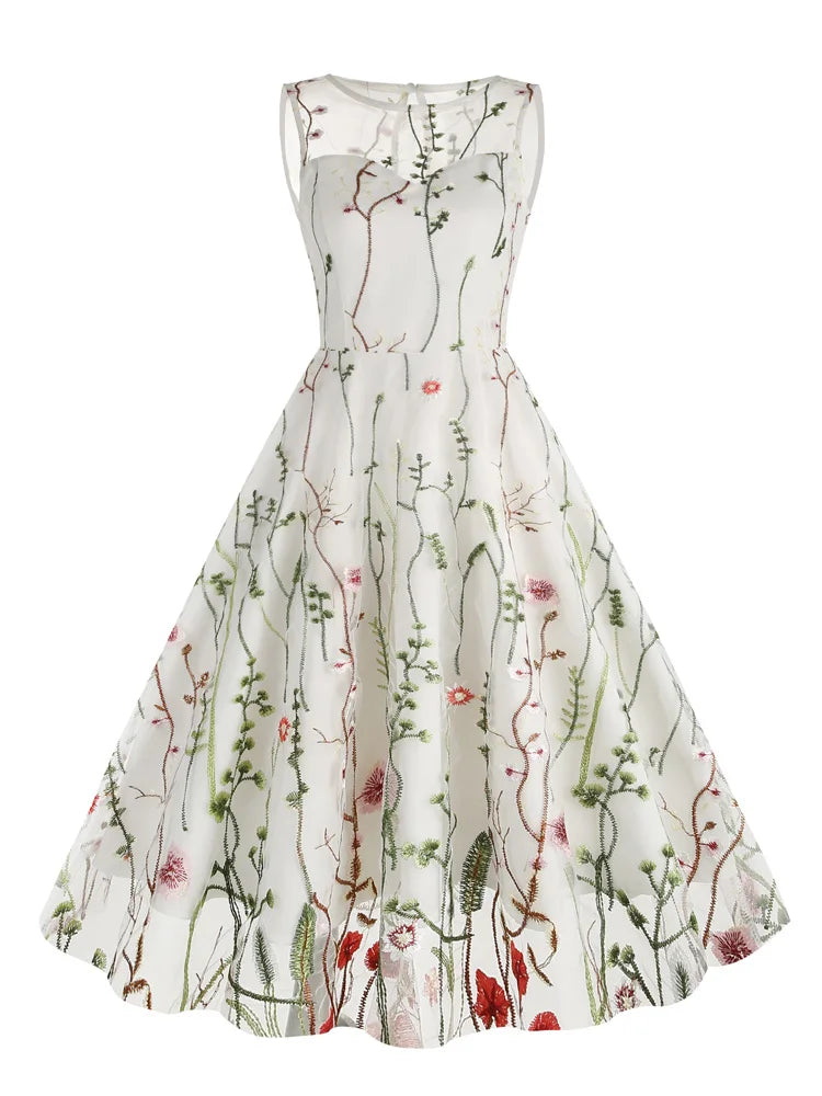 Elegant 1950s Vintage Floral Embroidered Mesh Swing Dress - Illusion Neckline