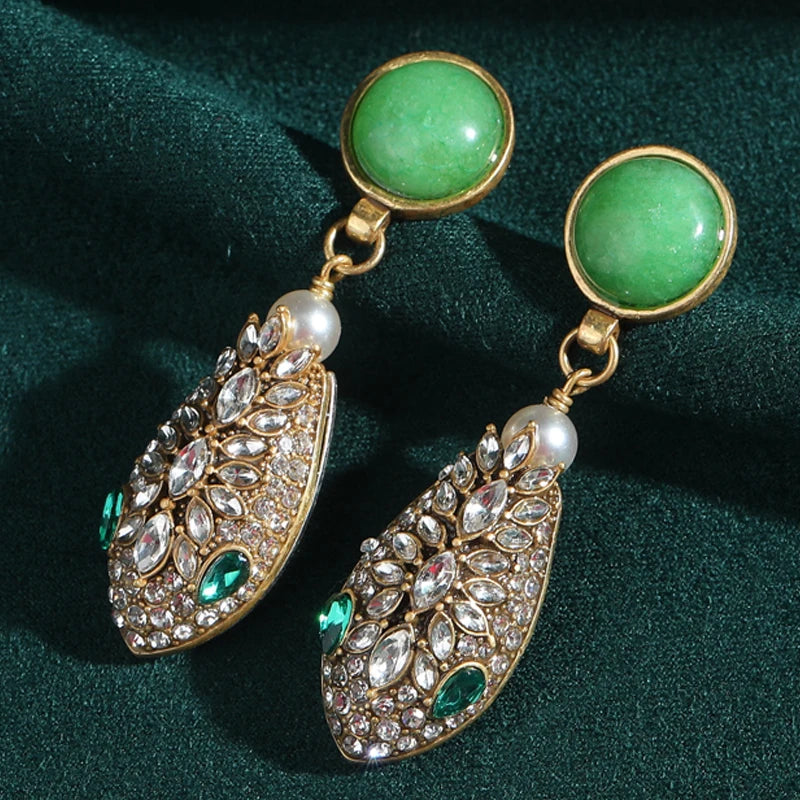 Vintage Snake Head Earrings – Green Crystal Drop