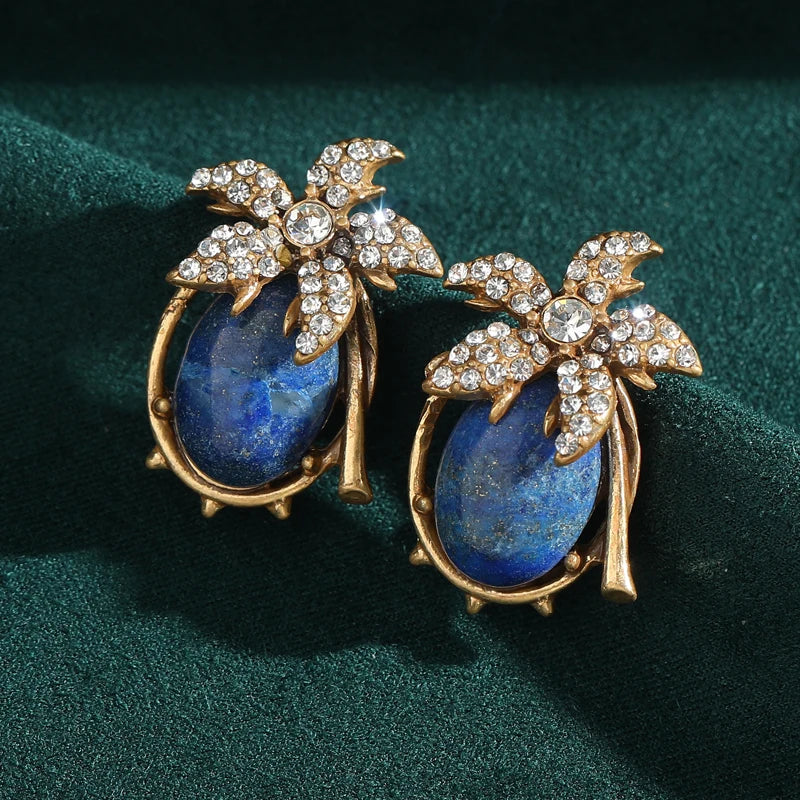 Vintage Lapis Lazuli Floral Stud Earrings – Petal Sparkle & Stone Power