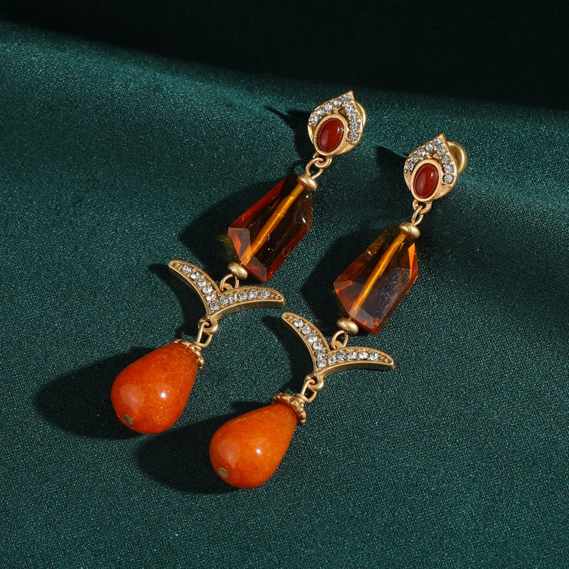 Vintage Autumn Glow Drop Earrings: Orange Glass & Citrine with Rhinestone Accents