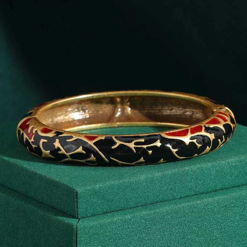 80s Power Glam Leopard Enamel Bangle – Black & Red Animal Print Statement Bracelet