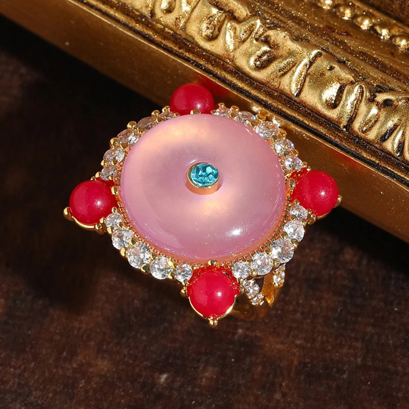 Vintage Rose Red Agate Pink Gold Plated Ring - Natural Stone & Knot Design