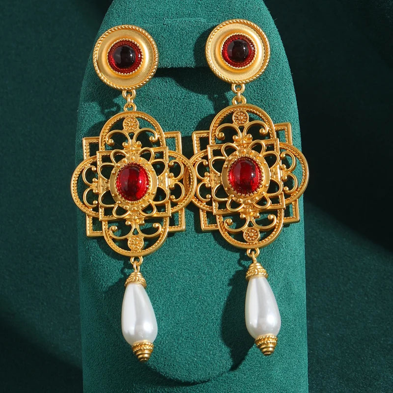 Victorian Palace Red Glaze Drop Earrings – Long Pearl Chandelier Clip-Ons