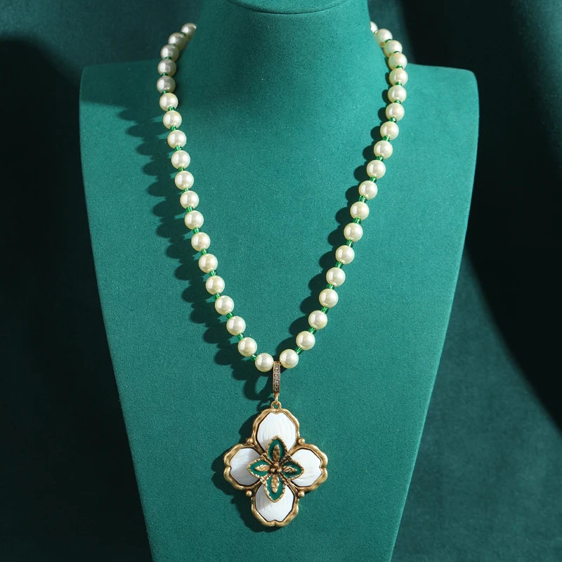 Retro Hollywood Freshwater Pearl Clover Necklace – Enamel & Rhinestone Pendant