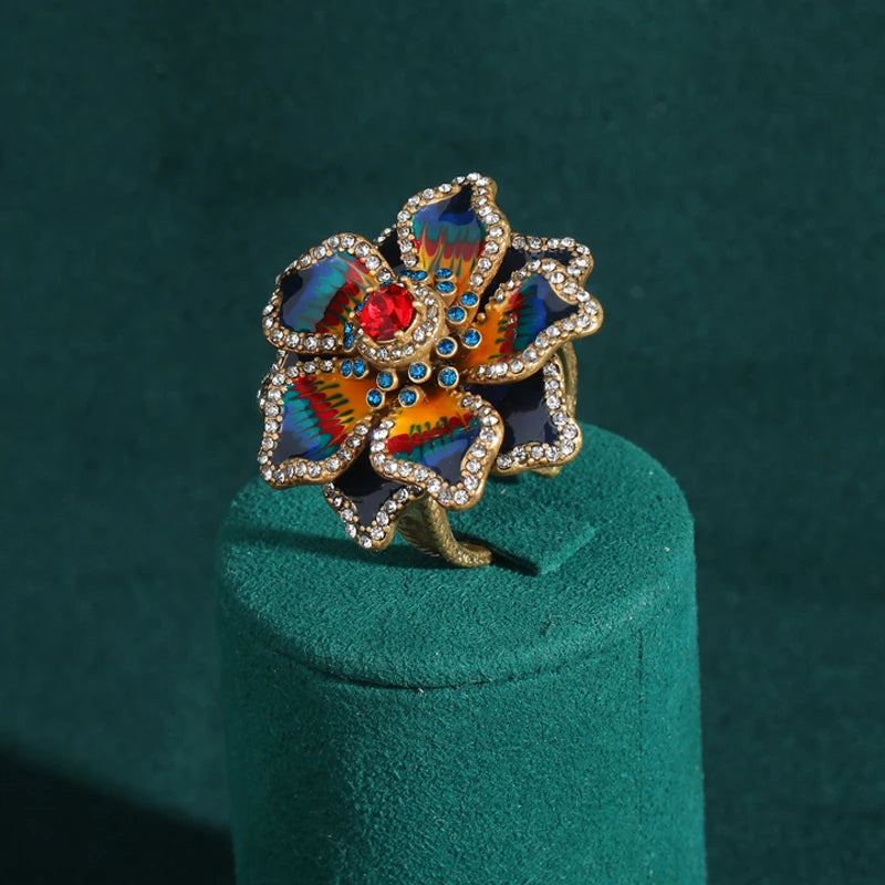 Antique Gold Color Flower Ring – Enamel Bloom Statement