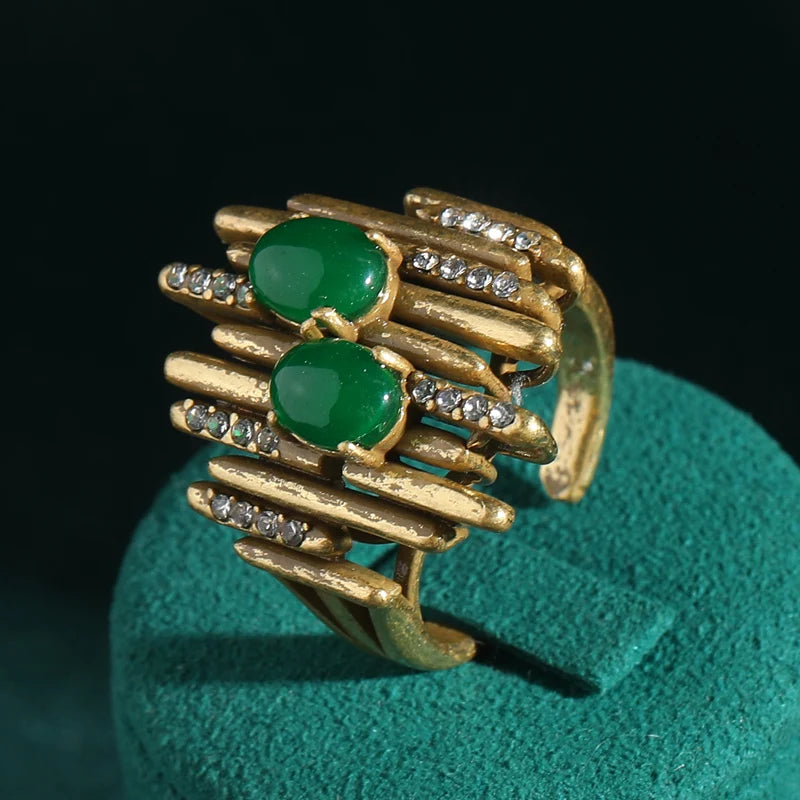 Art Deco Twin Oval Green Stone Ring – Layered Gold Bands & Rhinestone Accents