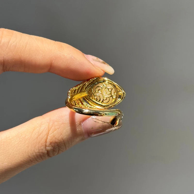 Vintage Snake Coil Ring – White Stone & Red Gem Eyes – Gold-Plated Adjustable