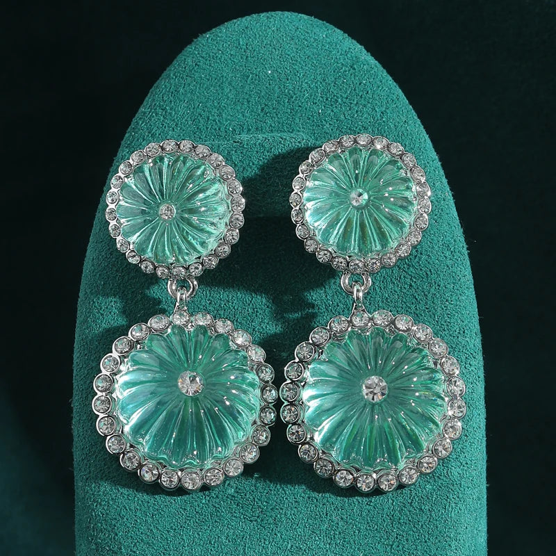 Art Deco Blue Pumpkin Glass Drop Earrings – Transparent Double Sphere Statement Pair