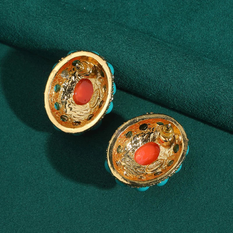 Boho Mod Orange & Turquoise Stud Earrings – Sunburst Statement Pair