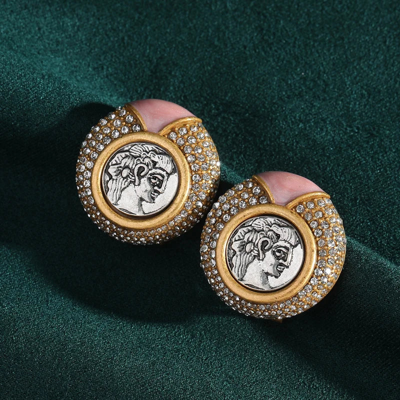 Victorian Pink Cameo Coin Earrings – Gold-Plated with Natural Stone Inlay