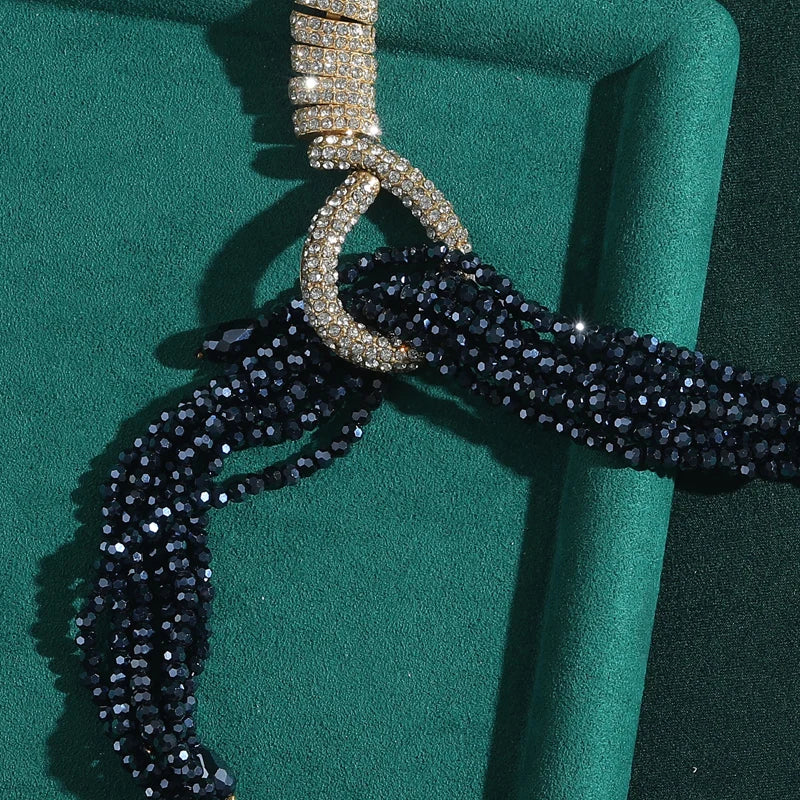 Art Deco Sculptural Rhinestone Choker – Black Beaded Flame Pendant Statement Necklace