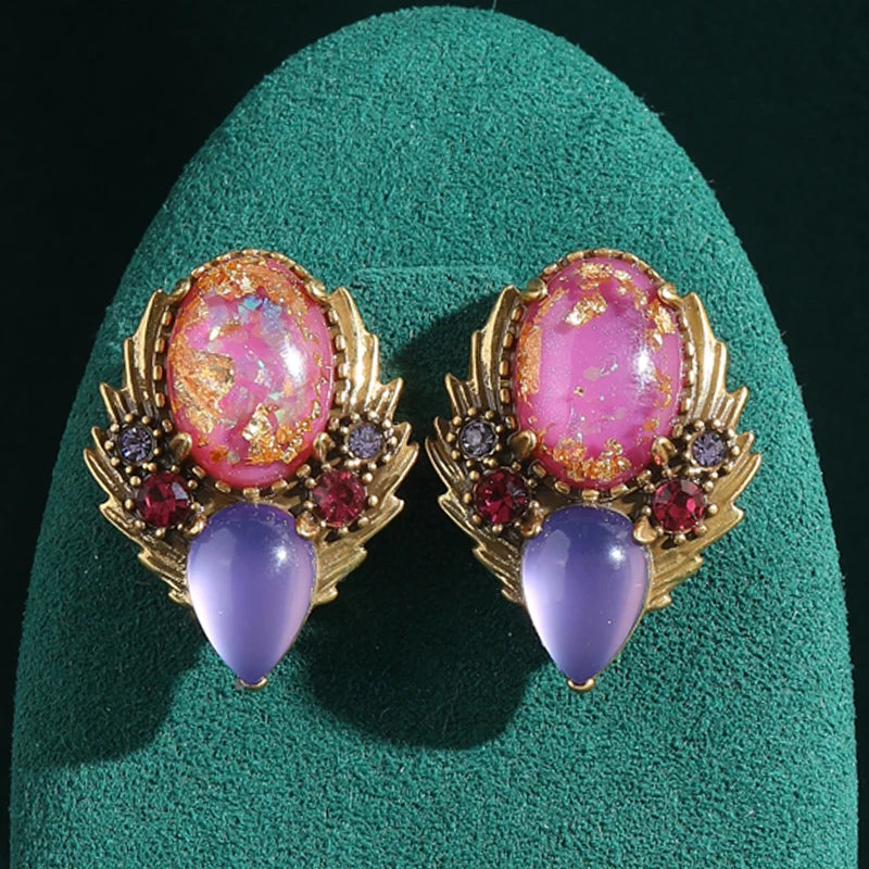 1950s Retro Hollywood Pink & Purple Moonstone Earrings – Foil Flower Waterdrop Studs