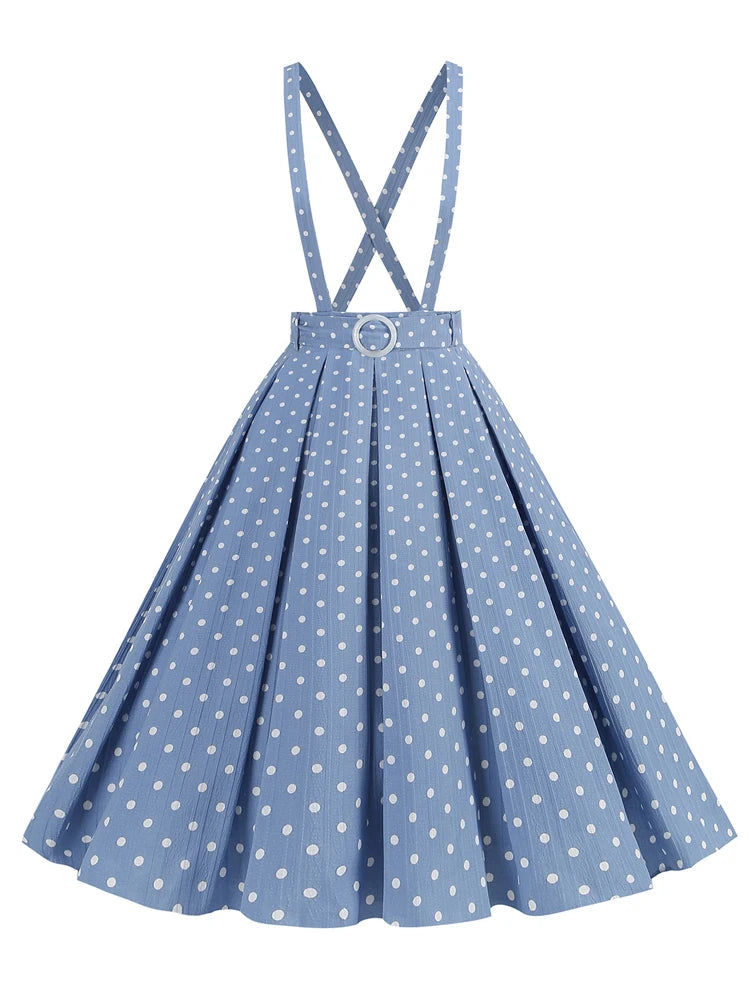 Vintage Polka Dot Suspender Swing Skirt - Retro Pin-Up Midi Skirt with Sashes