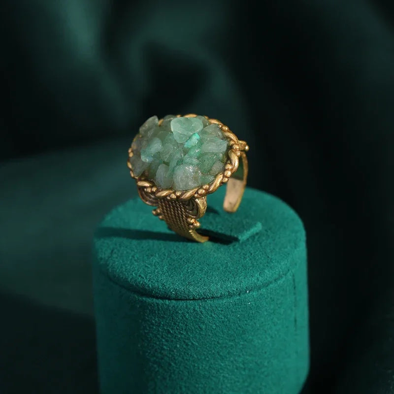1960s Boho Mod Gravel Green Stone Ring – Gold-Plated Statement Piece