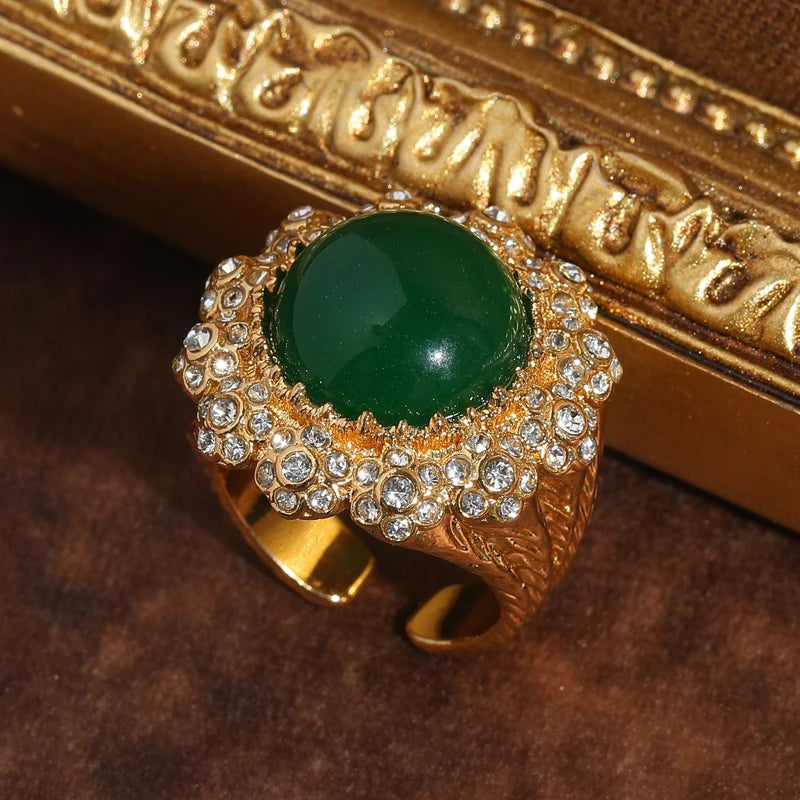 Vintage Jade & CZ Sunburst Ring – 18K Gold-Plated