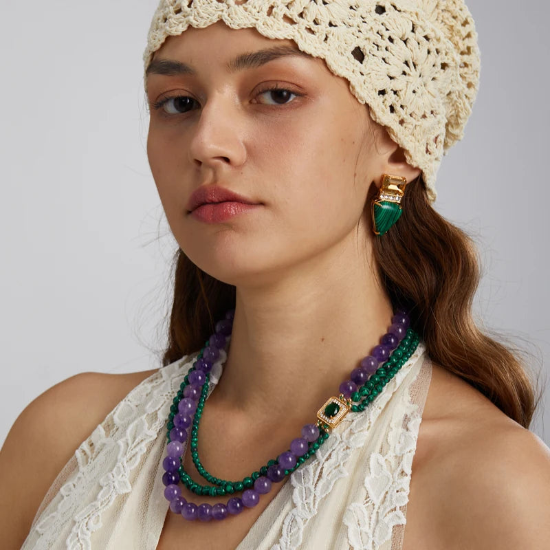 Vintage Green Malachite Beads Necklace – Layered Earth & Crystal Charm