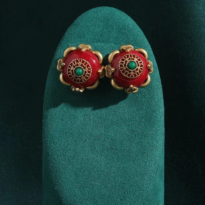 Boho Mod Red Floral Stud Earrings – Round Natural Stone Statement Pair