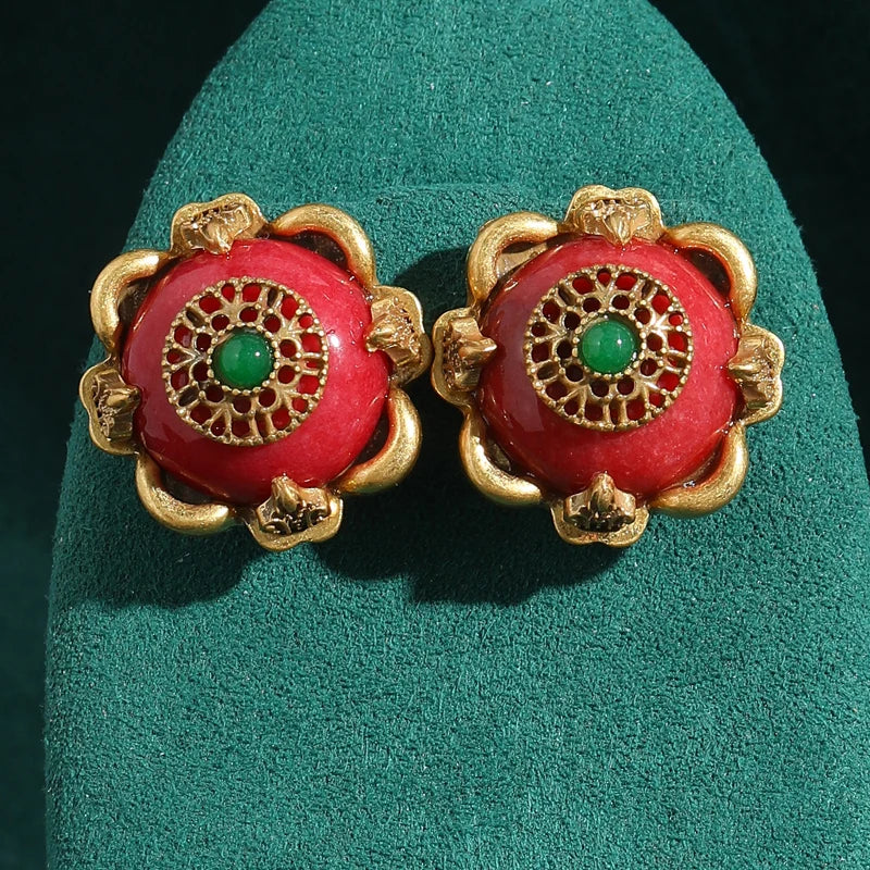Boho Mod Red Floral Stud Earrings – Round Natural Stone Statement Pair
