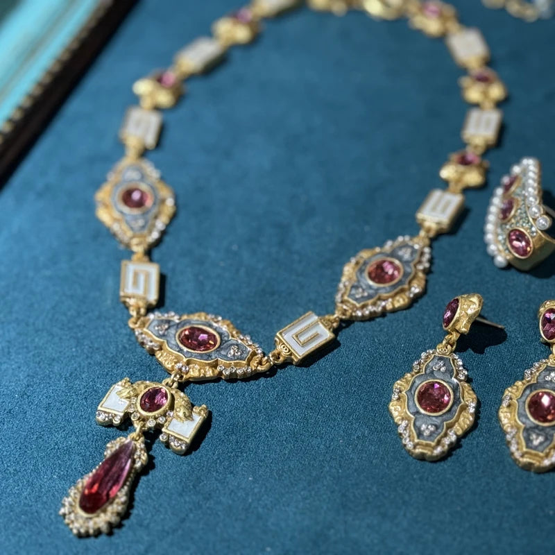 Vintage Palace Pink Crystal Pendant Necklace – 1950s Royal Enamel Glam