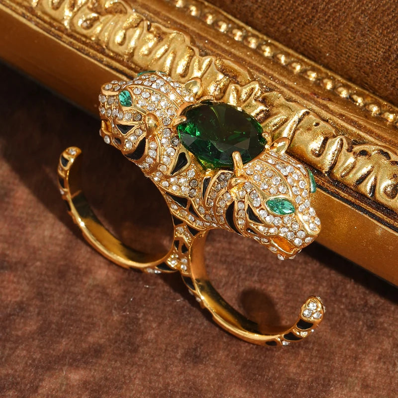 Vintage Double Leopard Gold Plated Ring - Green Crystal & Zircon - Adjustable