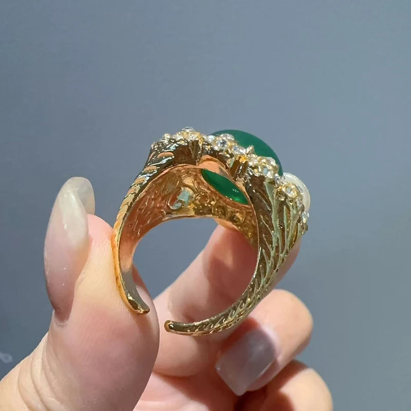 Vintage Jade & CZ Sunburst Ring – 18K Gold-Plated
