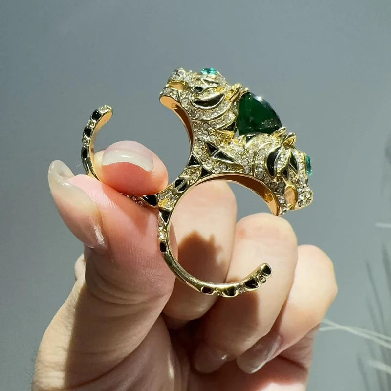Vintage Double Leopard Gold Plated Ring - Green Crystal & Zircon - Adjustable