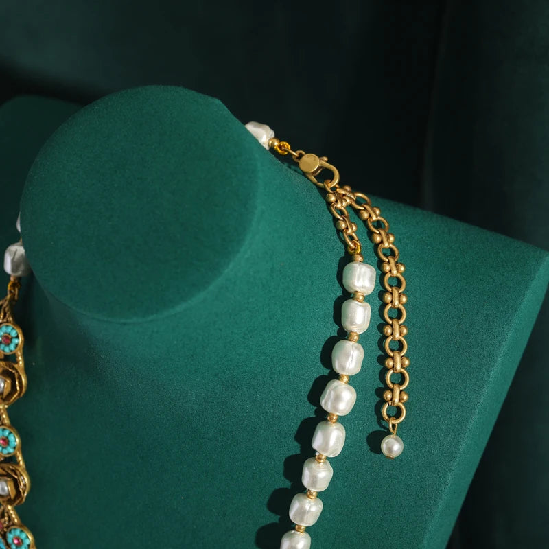 Vintage Freshwater Pearl Necklace with 3D Flower & Leaf Motif