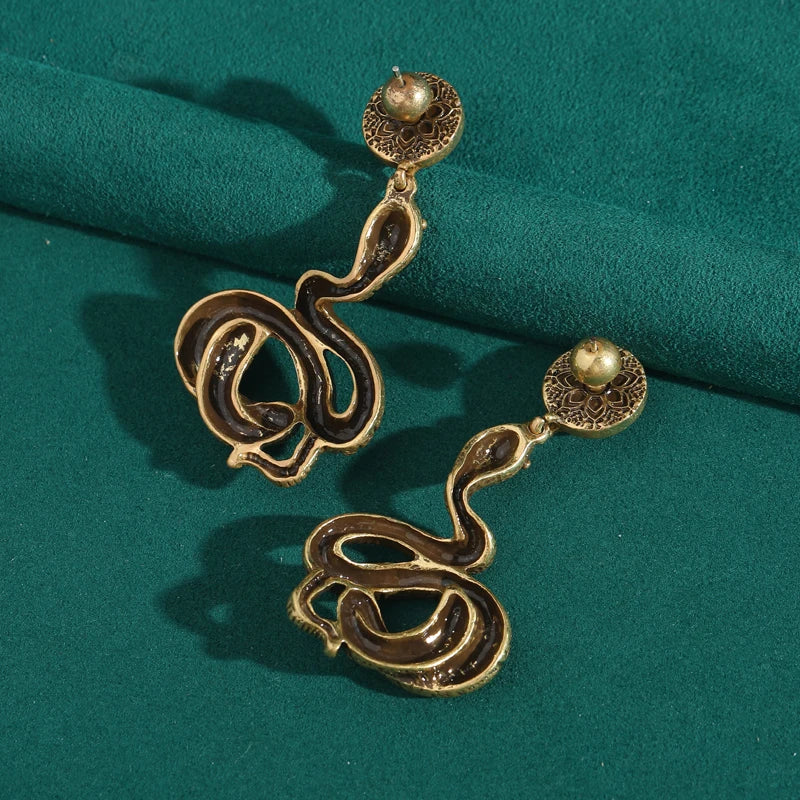 Victorian / Art Nouveau Serpent's Embrace Drop Earrings - Natural Stone & Antique Gold