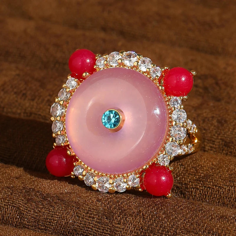 Vintage Rose Red Agate Pink Gold Plated Ring - Natural Stone & Knot Design