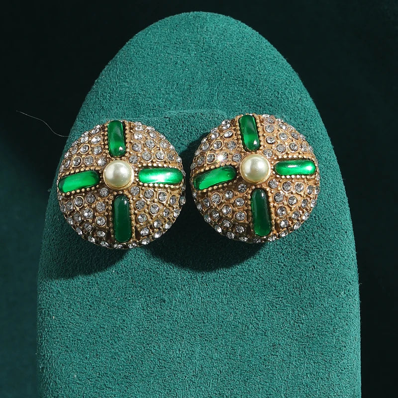 Art Deco Green Glazed Stud Earrings – Round Crystal & Pearl Statement Pair