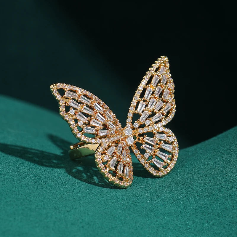 Vintage Butterfly Crystal Gold-Plated Statement Ring – Adjustable