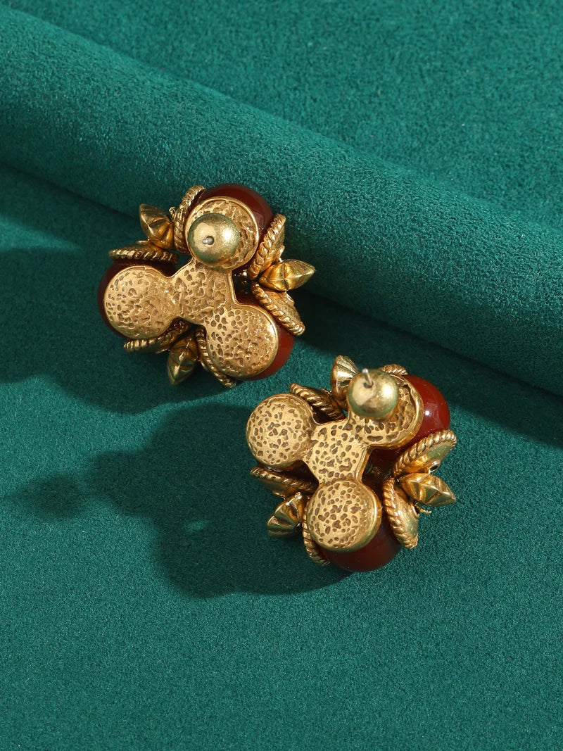 Art Deco Red Glazed Leaf Earrings – Triple Studs with Gold-Toned Floral Detail