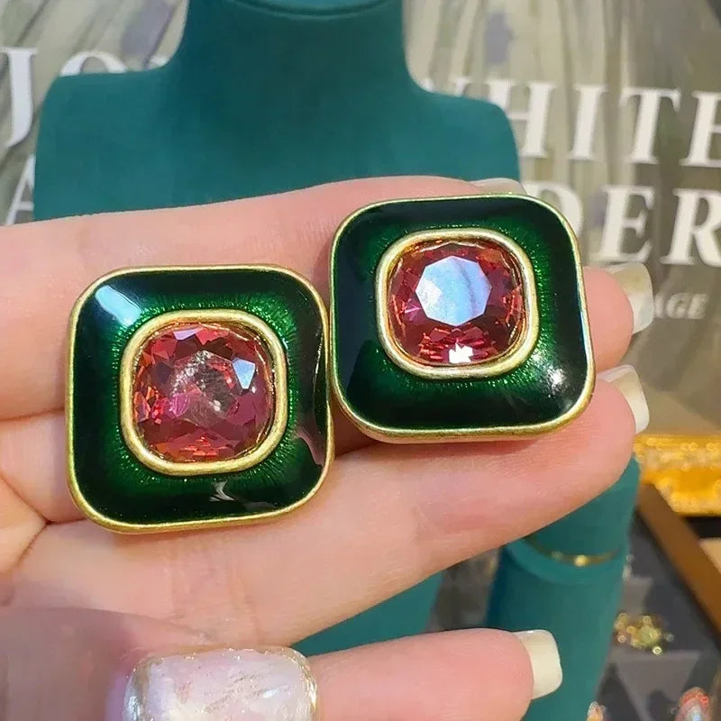 80s Power Glam Pink Crystal Square Stud Earrings – Enamel Sugar Statement Pair
