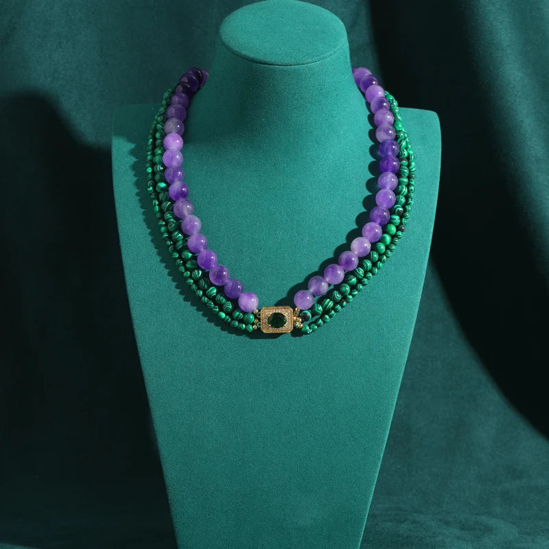 Vintage Green Malachite Beads Necklace – Layered Earth & Crystal Charm