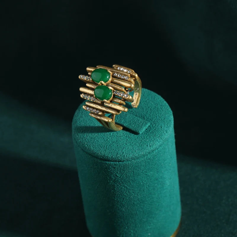 Art Deco Twin Oval Green Stone Ring – Layered Gold Bands & Rhinestone Accents