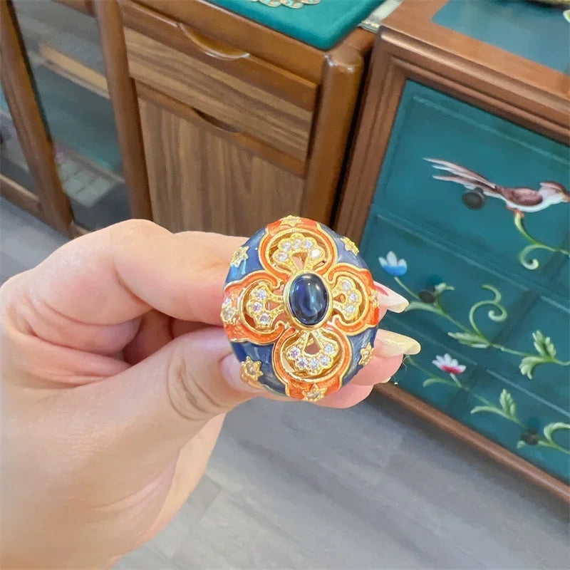 Retro Enamel Floral Ring – Vintage-Inspired European Elegance