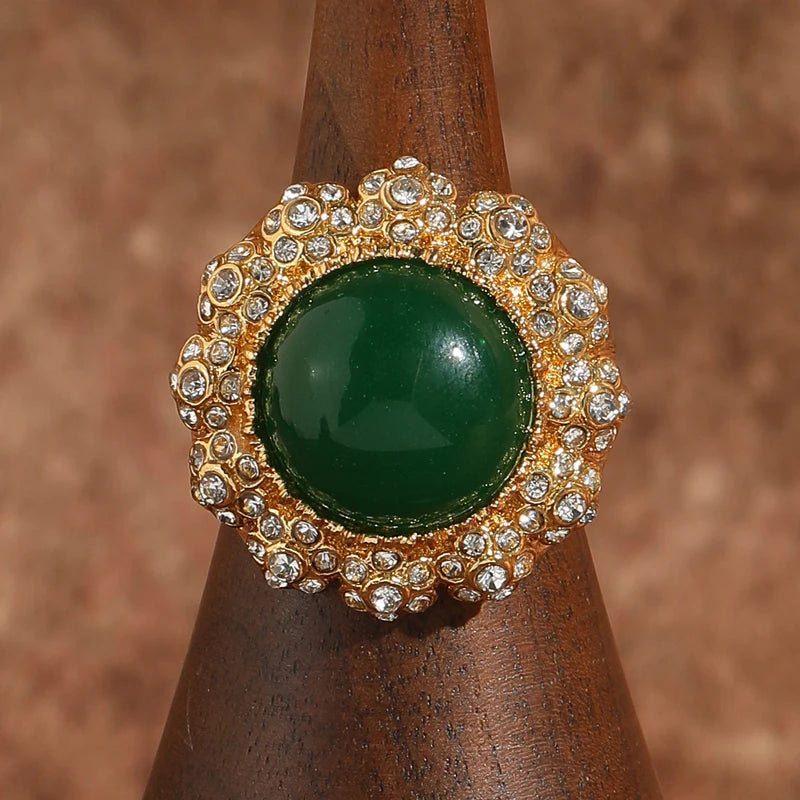 Vintage Jade & CZ Sunburst Ring – 18K Gold-Plated
