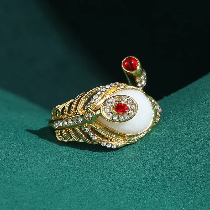 Vintage Snake Coil Ring – White Stone & Red Gem Eyes – Gold-Plated Adjustable