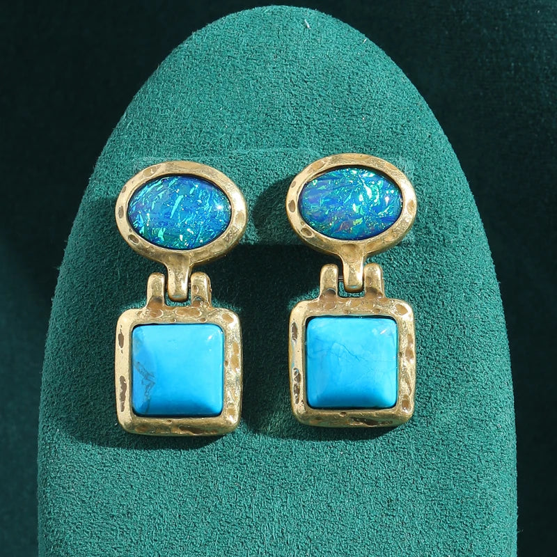 Vintage Opal & Turquoise Drop Earrings – Earthy Elegance