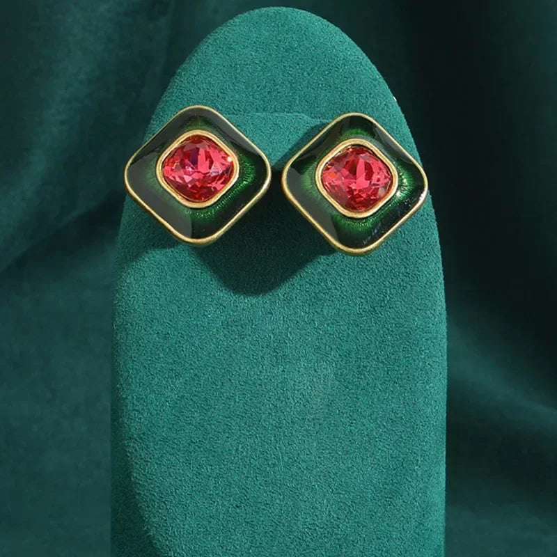 80s Power Glam Pink Crystal Square Stud Earrings – Enamel Sugar Statement Pair