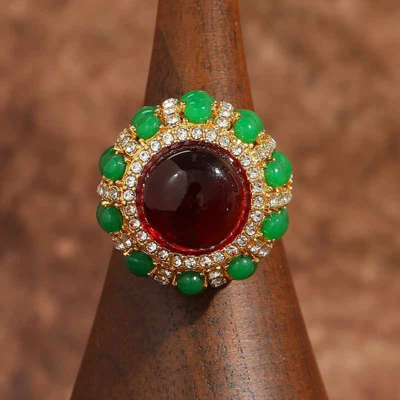 Vintage Red Agate & Green Glaze Gold-Plated Statement Ring – Adjustable