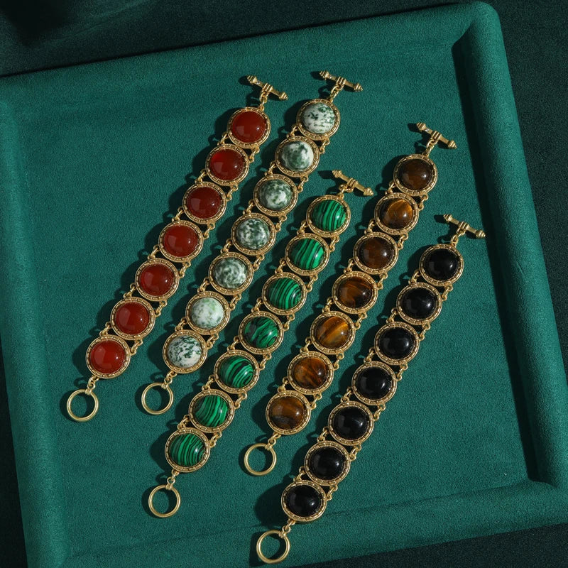 1950s Retro Hollywood Tiger Eye Bracelet – Gold-Plated Round Statement