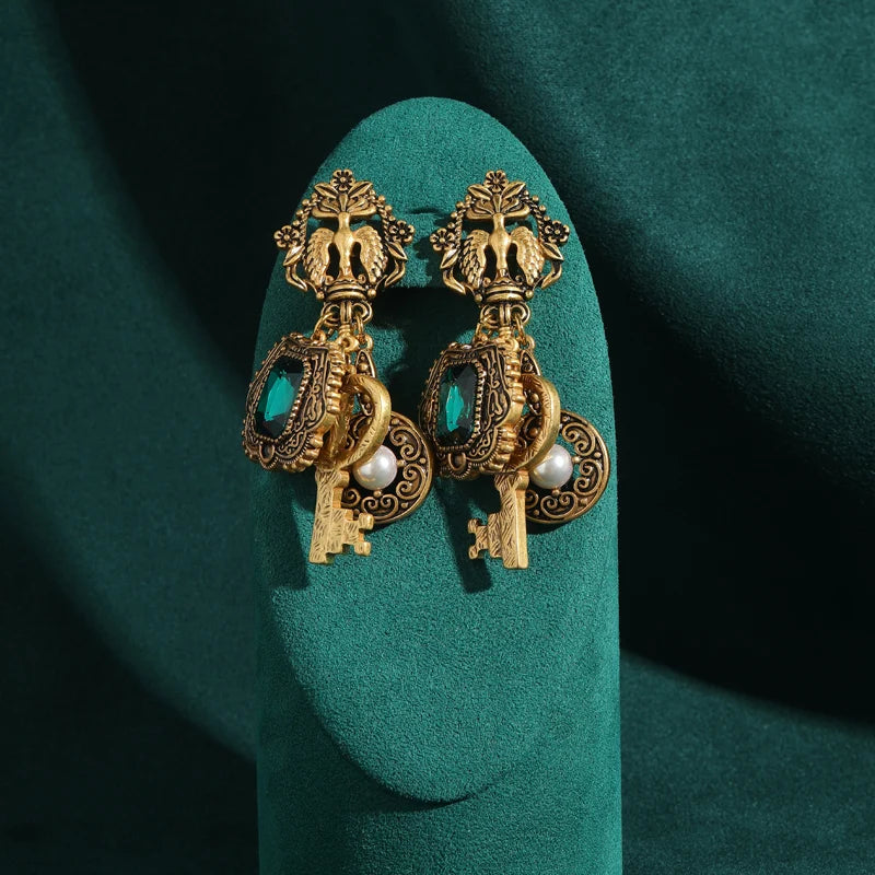 Vintage Green Crystal Key Drop Earrings with Pearl